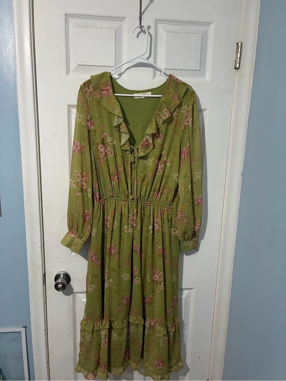 Green Floral Maxi Dress with Ruffle V-Neck